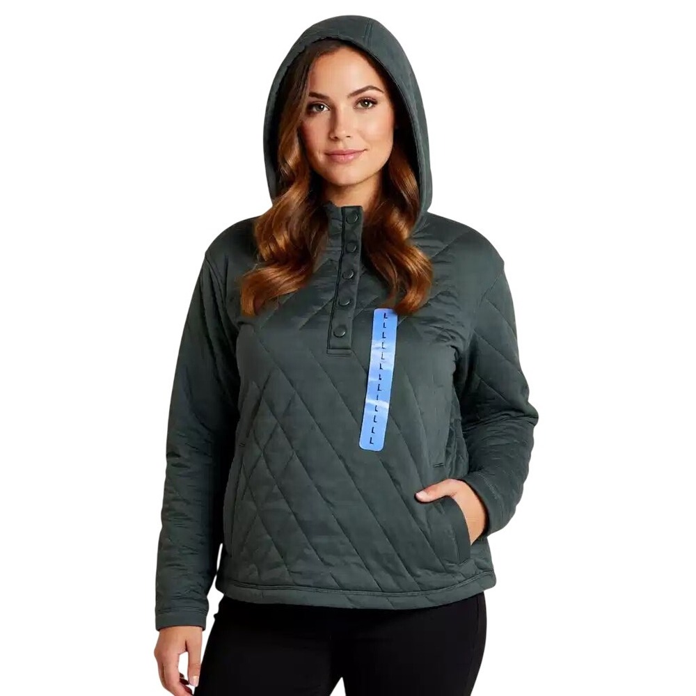 Lands End Women Quilted Hoodie Pullover Snap Neck Dark Green Size L NWT